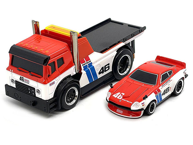 JDM Flatbed Truck #46 Red and White with Blue Stripes and 1972 Datsun 240Z #46 Red and White with Blue Stripes "BRE" "Muscle Transports" Series 1/64 Diecast Models by Muscle Machines-Muscle Machines-ModelCars.com