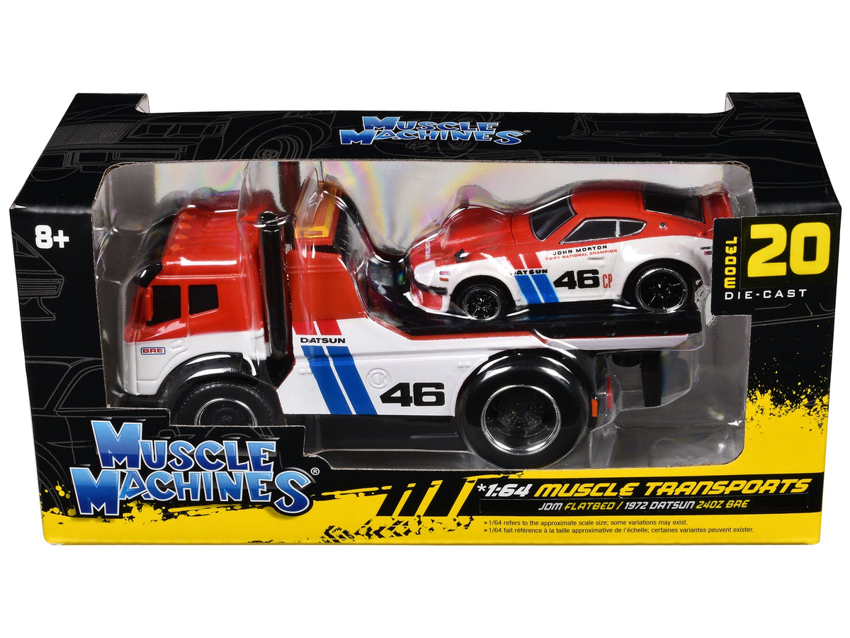 JDM Flatbed Truck #46 Red and White with Blue Stripes and 1972 Datsun 240Z #46 Red and White with Blue Stripes "BRE" "Muscle Transports" Series 1/64 Diecast Models by Muscle Machines-Muscle Machines-ModelCars.com