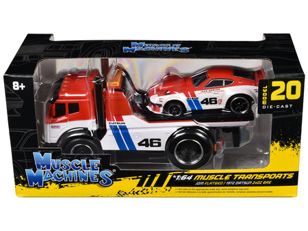 JDM Flatbed Truck #46 Red and White with Blue Stripes and 1972 Datsun 240Z #46 Red and White with Blue Stripes "BRE" "Muscle Transports" Series 1/64 Diecast Models by Muscle Machines-Muscle Machines-ModelCars.com