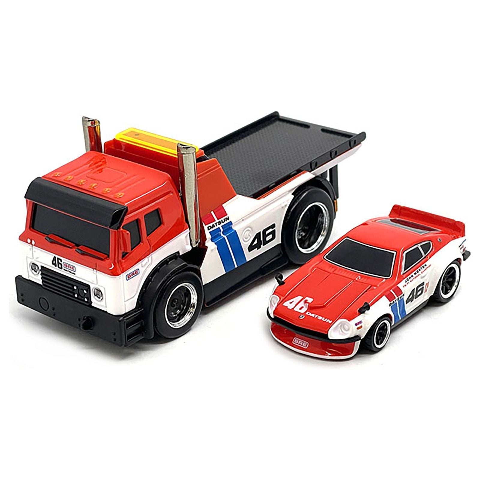 JDM Flatbed Truck 46 Red and White with Blue Stripes and 1972 Datsun 240Z 46 Red and White with Blue Stripes "BRE" "Muscle Transports" Series 1/64 Diecast Models by Muscle Machines - Muscle Machines - ModelCars.com