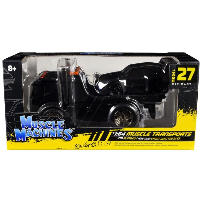 JDM Flatbed Truck Matt Black and 1986 Audi Sport Quattro S1 E2 Matt Black "Muscle Transports" Series 1/64 Diecast Models by Muscle Machines-Muscle Machines-ModelCars.com