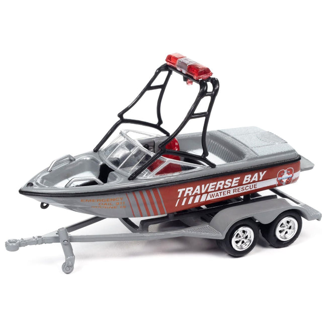 Jeep Cherokee XJ Red and Gray "Traverse Bay Water Rescue" with Boat and Trailer "Tow & Go" Series Limited Edition to 3528 pieces Worldwide 1/64 Diecast Model Car by Johnny Lightning-Johnny Lightning-ModelCars.com