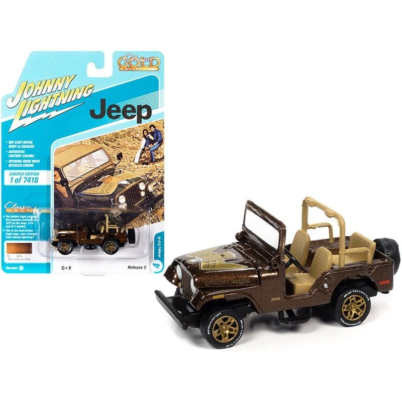 Jeep CJ-5 Mocha Brown Metallic with Golden Eagle Graphics "Classic Gold Collection" Series Limited Edition to 7418 pieces Worldwide 1/64 Diecast Model Car by Johnny Lightning-Johnny Lightning-ModelCars.com