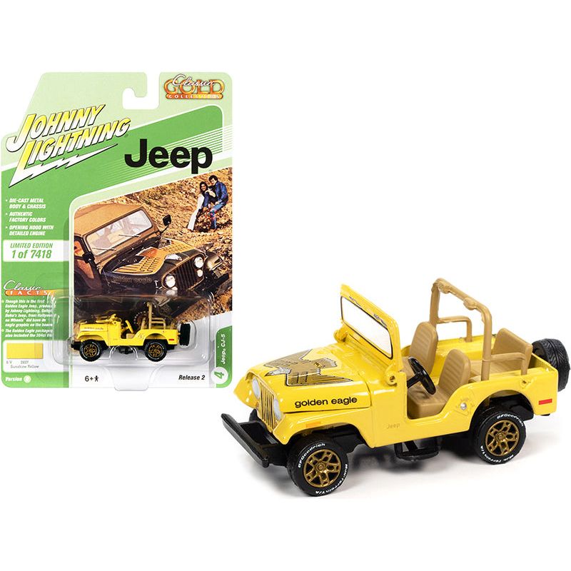 Jeep CJ-5 Sunshine Yellow with Golden Eagle Graphics "Classic Gold Collection" Limited Edition to 7418 pieces Worldwide 1/64 Diecast Model Car by Johnny Lightning-Johnny Lightning-ModelCars.com