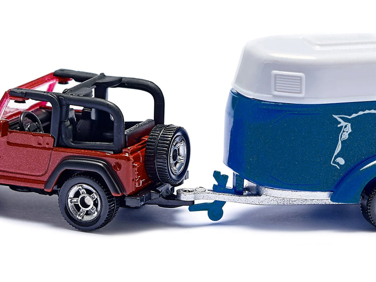 Jeep Red with Horse Trailer Blue and Horse Accessory Diecast Model by Siku-SIKU-ModelCars.com