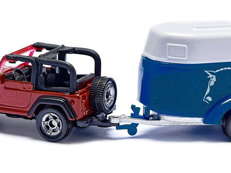 Jeep Red with Horse Trailer Blue and Horse Accessory Diecast Model by Siku-SIKU-ModelCars.com