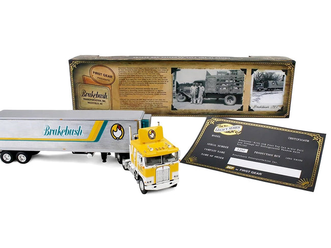 Kenworth K100 COE Flat Top and 40' Vintage Trailer with Reefer "Brakebush" Yellow with White Grpahics "Legacy Series #6" 1/64 Diecast Model by First Gear-First Gear-ModelCars.com