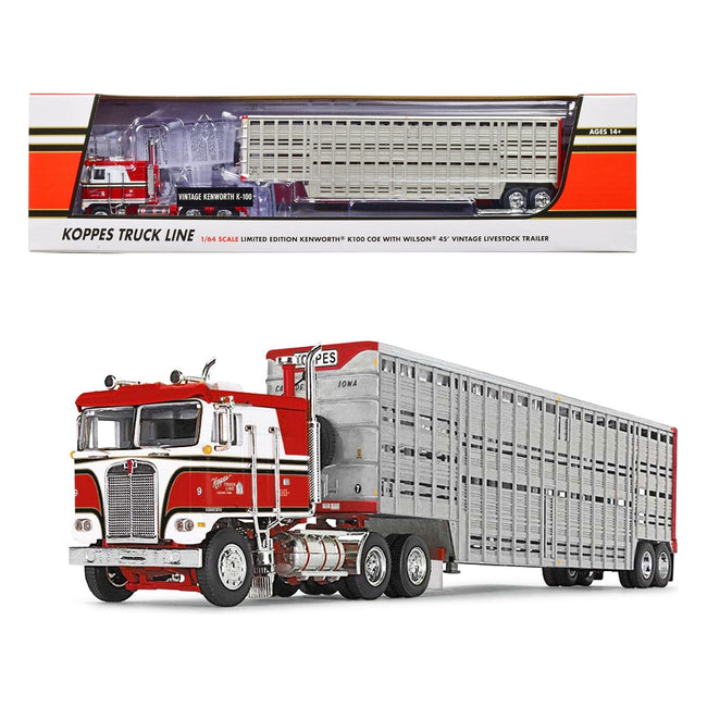 Kenworth K100 COE Red and White with 45' Wilson Vintage Livestock Trailer "Koppes Truck Line" 1/64 Diecast Model by DCP/First Gear - First Gear - ModelCars.com
