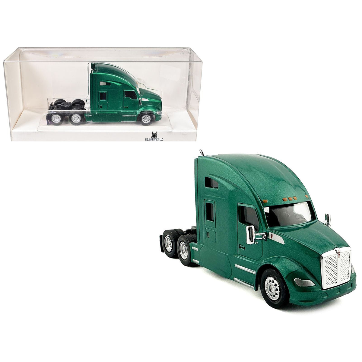 Kenworth T680 Sleeper Cab Green Metallic 1/87 (HO) Plastic Model Car by HO Logistics-HO Logistics Replicas-ModelCars.com