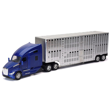 Kenworth T680 Truck Blue Metallic with Livestock Trailer Chrome "Long Haul Trucker" Series 1/32 Diecast Model by New Ray-New Ray-ModelCars.com