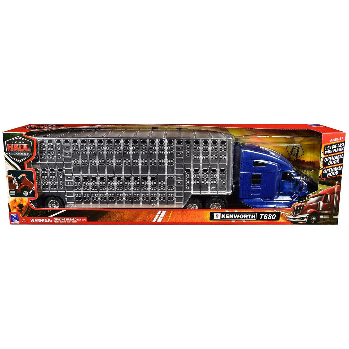 Kenworth T680 Truck Blue Metallic with Livestock Trailer Chrome "Long Haul Trucker" Series 1/32 Diecast Model by New Ray-New Ray-ModelCars.com
