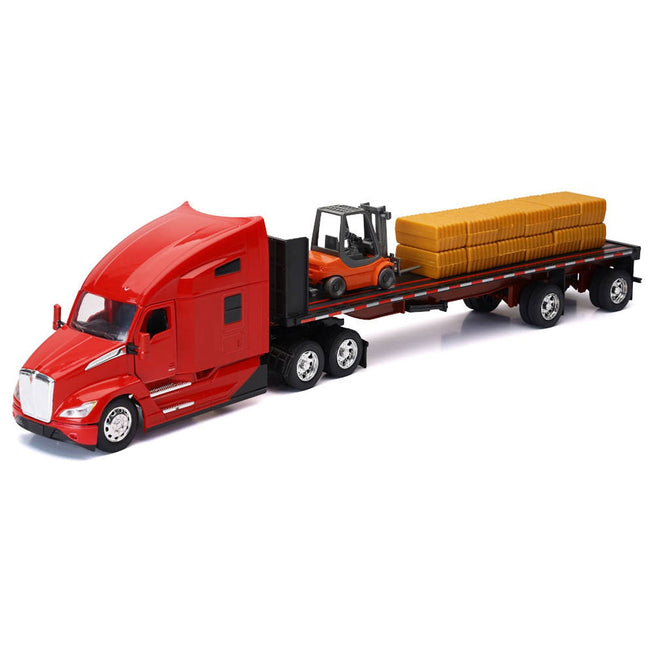 Kenworth T680 Truck Red and Flatbed Trailer with Forklift and Hay Load "Long Haul Trucker" Series 1/32 Diecast Model by New Ray-New Ray-ModelCars.com