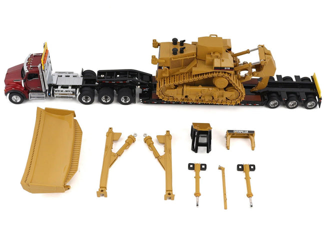Kenworth T880 Day Cab Red and Trail King TK120 Lowboy Trailer with CAT Caterpillar D11R Dozer and Components Load "Transport Series" 1/50 Diecast Model by Diecast Masters-Diecast Masters-ModelCars.com