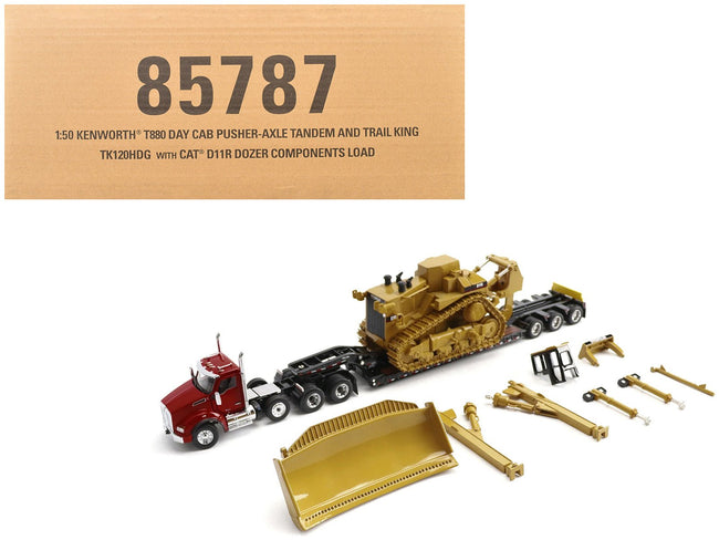 Kenworth T880 Day Cab Red and Trail King TK120 Lowboy Trailer with CAT Caterpillar D11R Dozer and Components Load "Transport Series" 1/50 Diecast Model by Diecast Masters-Diecast Masters-ModelCars.com