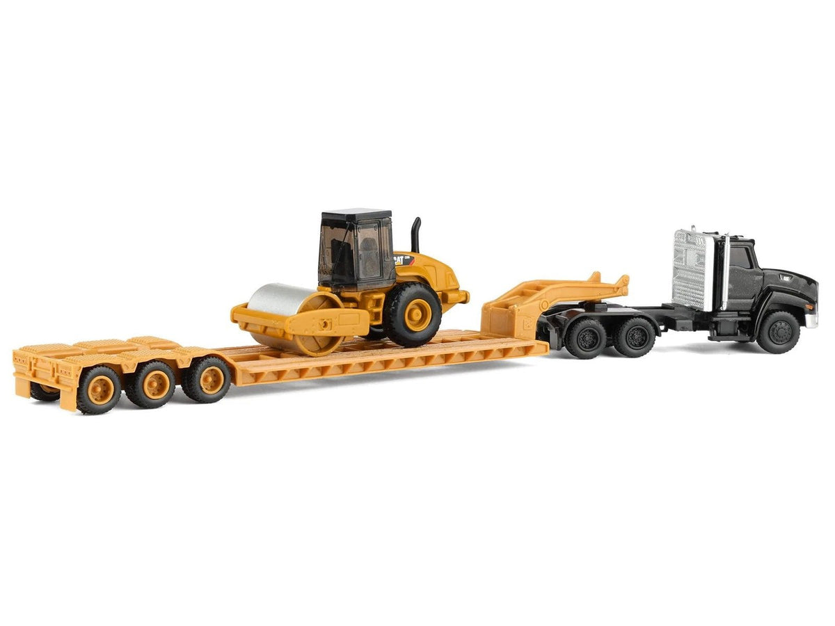 Kenworth T880 Tractor Black with Lowboy Trailer and CAT Roller Yellow 1/87 (HO) Diecast Model by Diecast Masters-Diecast Masters-ModelCars.com