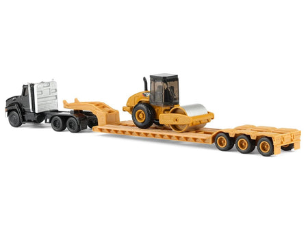 Kenworth T880 Tractor Black with Lowboy Trailer and CAT Roller Yellow 1/87 (HO) Diecast Model by Diecast Masters-Diecast Masters-ModelCars.com