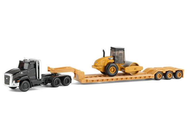 Kenworth T880 Tractor Black with Lowboy Trailer and CAT Roller Yellow 1/87 (HO) Diecast Model by Diecast Masters-Diecast Masters-ModelCars.com