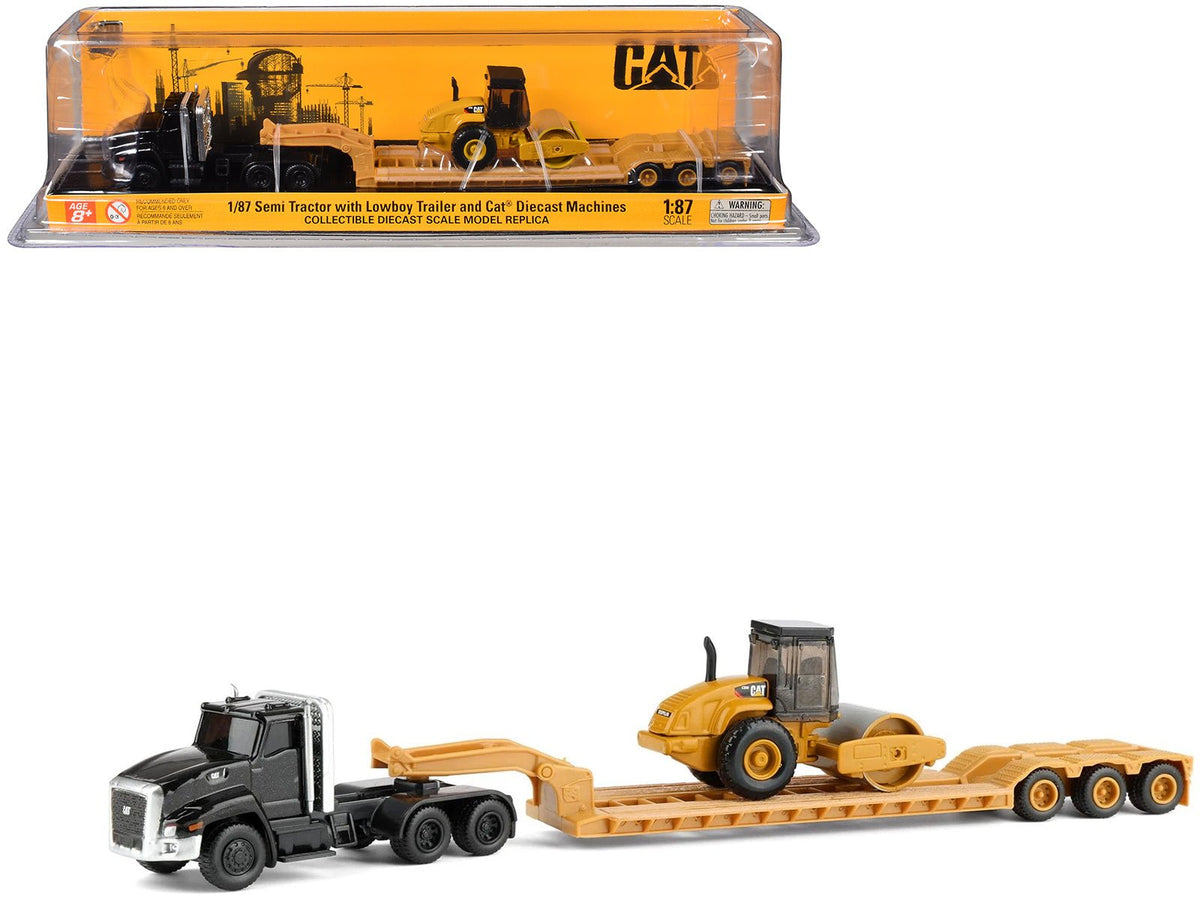 Kenworth T880 Tractor Black with Lowboy Trailer and CAT Roller Yellow 1/87 (HO) Diecast Model by Diecast Masters-Diecast Masters-ModelCars.com