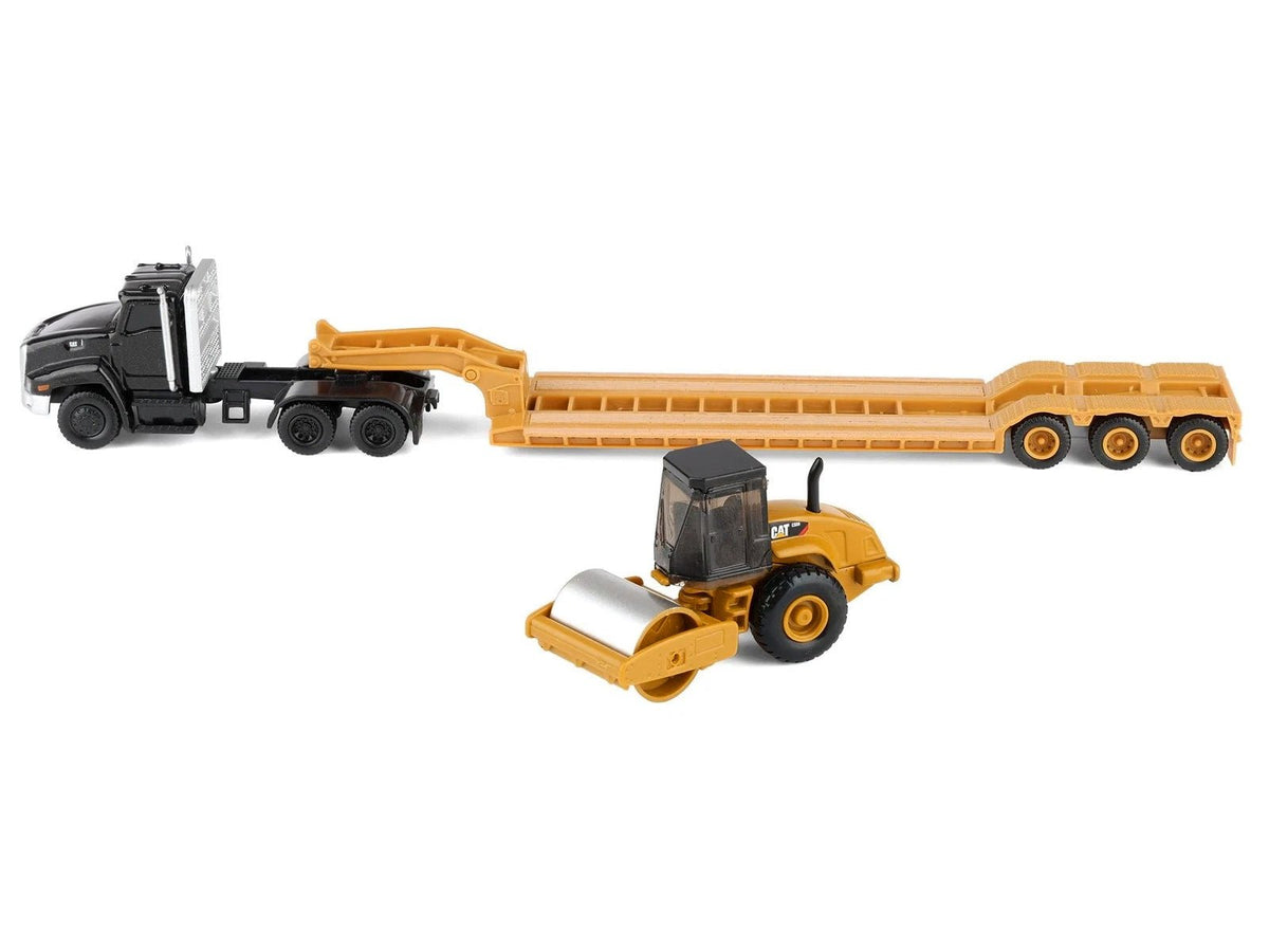 Kenworth T880 Tractor Black with Lowboy Trailer and CAT Roller Yellow 1/87 (HO) Diecast Model by Diecast Masters-Diecast Masters-ModelCars.com