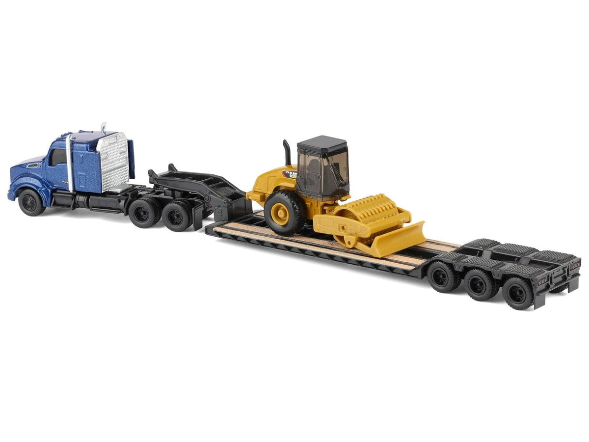 Kenworth T880 Tractor Blue Metallic with Lowboy Trailer and CAT Padfoot Roller Yellow 1/87 (HO) Diecast Model by Diecast Masters-Diecast Masters-ModelCars.com