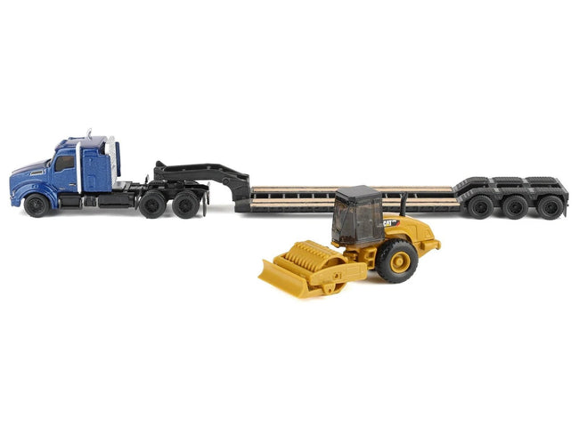 Kenworth T880 Tractor Blue Metallic with Lowboy Trailer and CAT Padfoot Roller Yellow 1/87 (HO) Diecast Model by Diecast Masters-Diecast Masters-ModelCars.com
