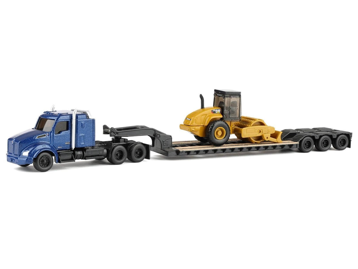 Kenworth T880 Tractor Blue Metallic with Lowboy Trailer and CAT Padfoot Roller Yellow 1/87 (HO) Diecast Model by Diecast Masters-Diecast Masters-ModelCars.com