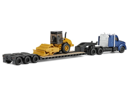 Kenworth T880 Tractor Blue Metallic with Lowboy Trailer and CAT Padfoot Roller Yellow 1/87 (HO) Diecast Model by Diecast Masters-Diecast Masters-ModelCars.com
