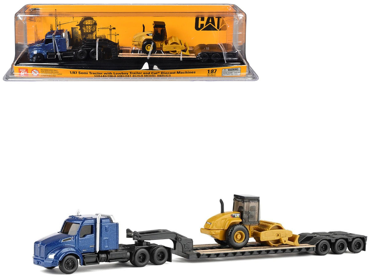 Kenworth T880 Tractor Blue Metallic with Lowboy Trailer and CAT Padfoot Roller Yellow 1/87 (HO) Diecast Model by Diecast Masters-Diecast Masters-ModelCars.com