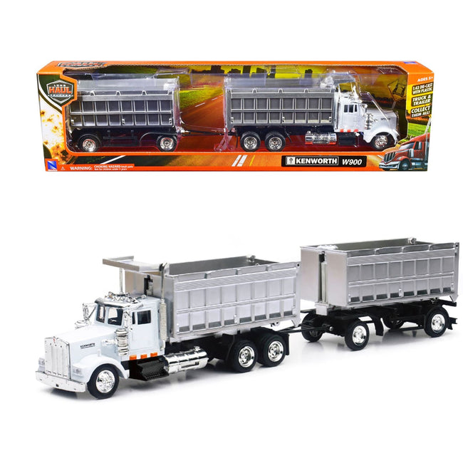 Kenworth W900 Dump Truck with Twin Dump Body White and Chrome "Long Haul Trucker" Series 1/43 Diecast Model by New Ray-New Ray-ModelCars.com
