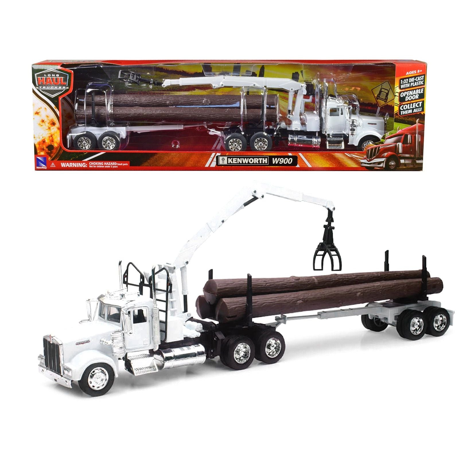 Kenworth W900 Log Hauler with Grabber White with Log Accessories "Long Haul Trucker" Series 1/32 Diecast Model by New Ray - New Ray - ModelCars.com