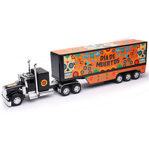 Kenworth W900 Truck Black with Graphics and Dry Van Trailer "Dia De Muertos" 1/32 Diecast Model by New Ray