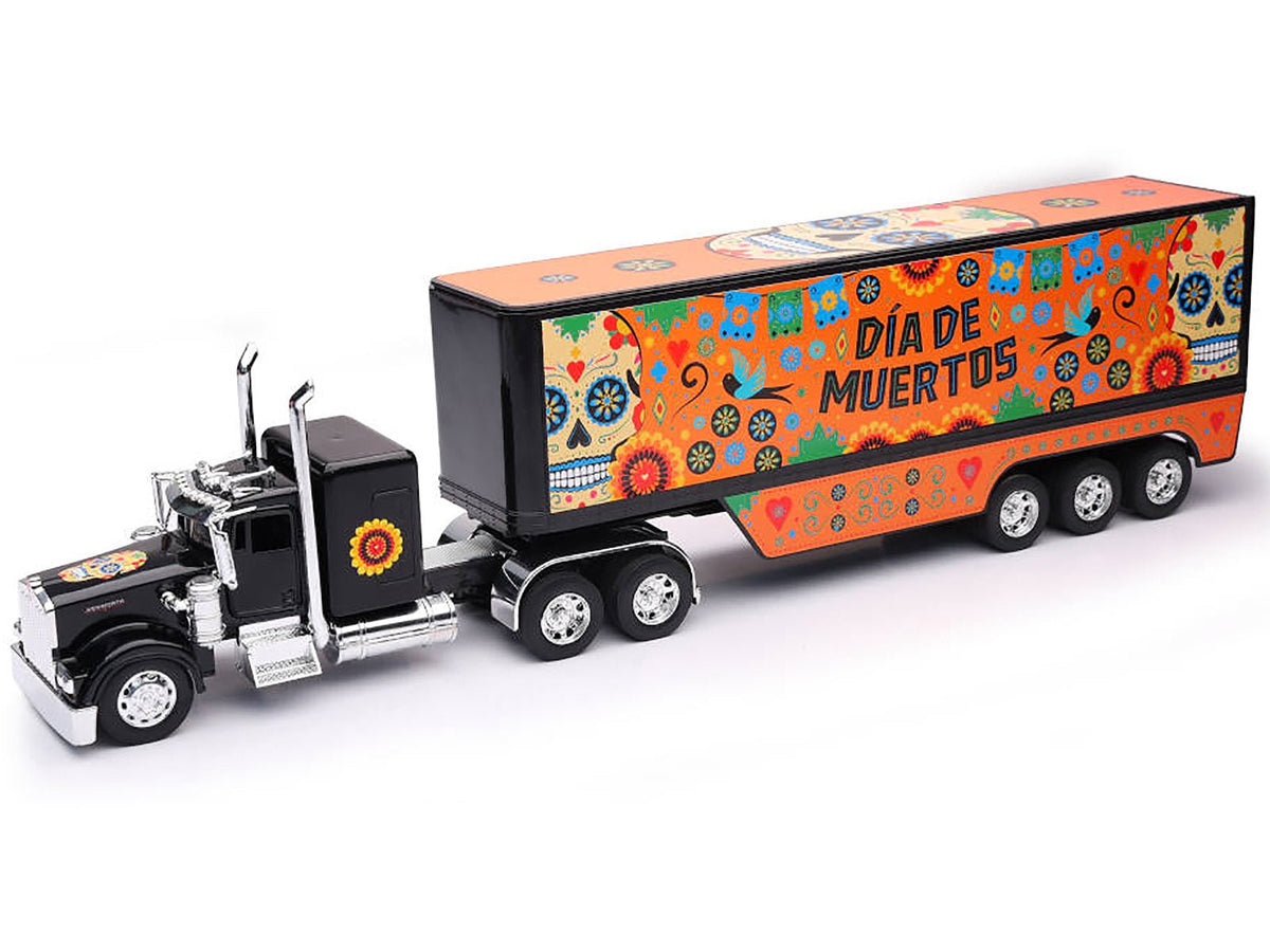 Kenworth W900 Truck Black with Graphics and Dry Van Trailer "Dia De Muertos" 1/32 Diecast Model by New Ray-New Ray-ModelCars.com