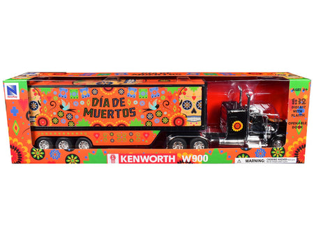 Kenworth W900 Truck Black with Graphics and Dry Van Trailer "Dia De Muertos" 1/32 Diecast Model by New Ray-New Ray-ModelCars.com