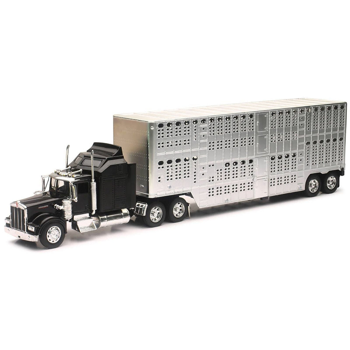 Kenworth W900 Truck Black with Pot Belly Livestock Chrome "Long Haul Truckers" Series 1/32 Diecast Model by New Ray-New Ray-ModelCars.com