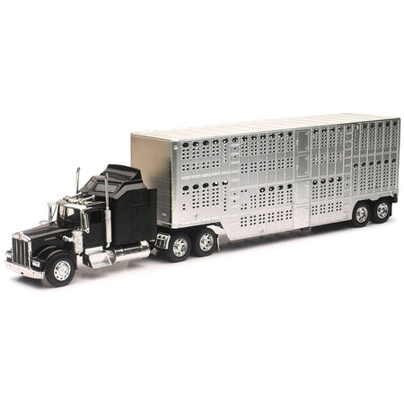 Kenworth W900 Truck Black with Pot Belly Livestock Chrome "Long Haul Truckers" Series 1/32 Diecast Model by New Ray-New Ray-ModelCars.com