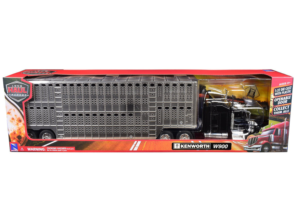 Kenworth W900 Truck Black with Pot Belly Livestock Chrome "Long Haul Truckers" Series 1/32 Diecast Model by New Ray-New Ray-ModelCars.com