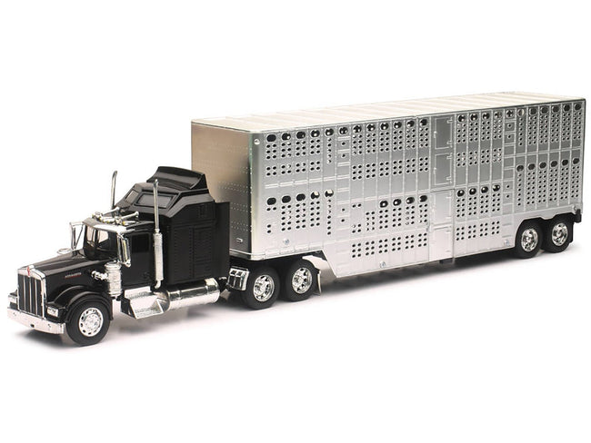 Kenworth W900 Truck Black with Pot Belly Livestock Chrome "Long Haul Truckers" Series 1/32 Diecast Model by New Ray-New Ray-ModelCars.com