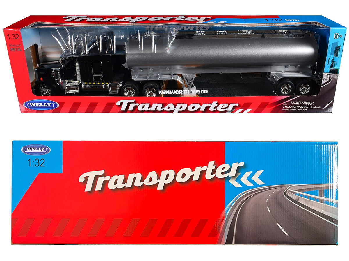 Kenworth W900 Truck Black with Silver Tanker Trailer "Transporter" Series 1/32 Diecast Model by Welly-Welly-ModelCars.com