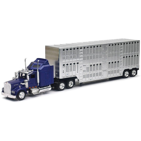 Kenworth W900 Truck Blue with Potbelly Livestock Trailer Chrome "Long Haul Truckers" Series 1/43 Diecast Model by New Ray-New Ray-ModelCars.com