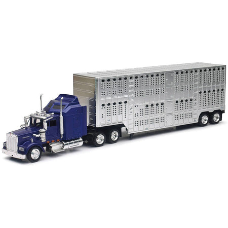 Kenworth W900 Truck Blue with Potbelly Livestock Trailer Chrome "Long Haul Truckers" Series 1/43 Diecast Model by New Ray - New Ray - ModelCars.com