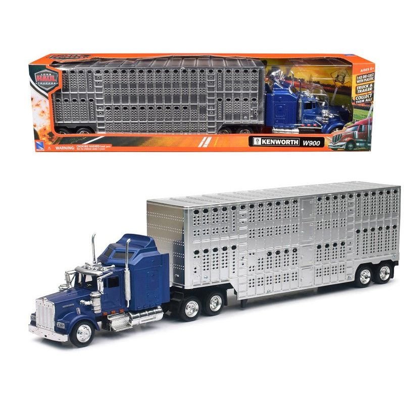 Kenworth W900 Truck Blue with Potbelly Livestock Trailer Chrome "Long Haul Truckers" Series 1/43 Diecast Model by New Ray-New Ray-ModelCars.com