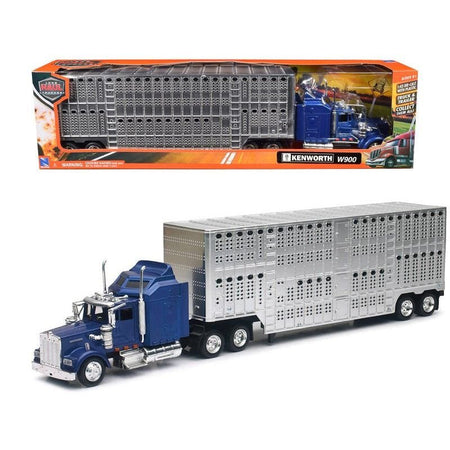 Kenworth W900 Truck Blue with Potbelly Livestock Trailer Chrome "Long Haul Truckers" Series 1/43 Diecast Model by New Ray-New Ray-ModelCars.com