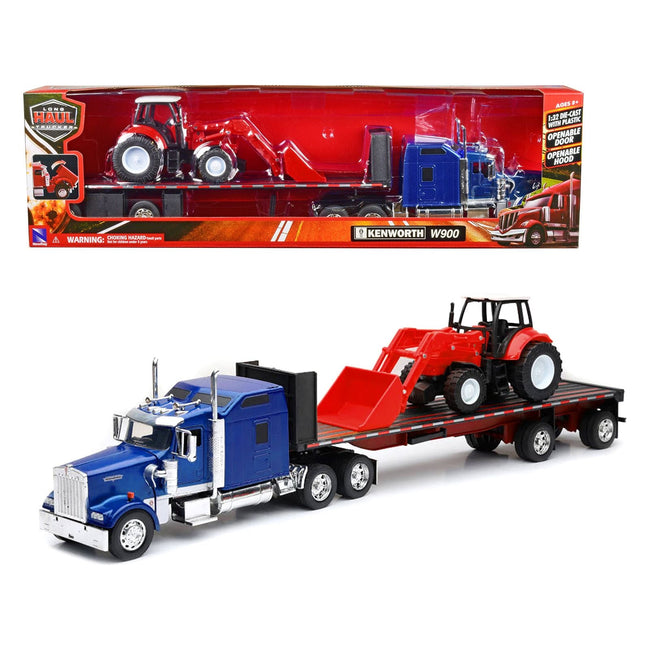 Kenworth W900 Truck with Flatbed Trailer Blue Metallic with Farm Tractor Red "Long Haul Truckers" Series 1/32 Diecast Model by New Ray - New Ray - ModelCars.com