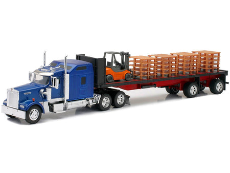 Kenworth W900 Truck with Flatbed Trailer Blue with Forklift and Pallets "Long Haul Truckers" Series 1/32 Diecast Model by New Ray-New Ray-ModelCars.com