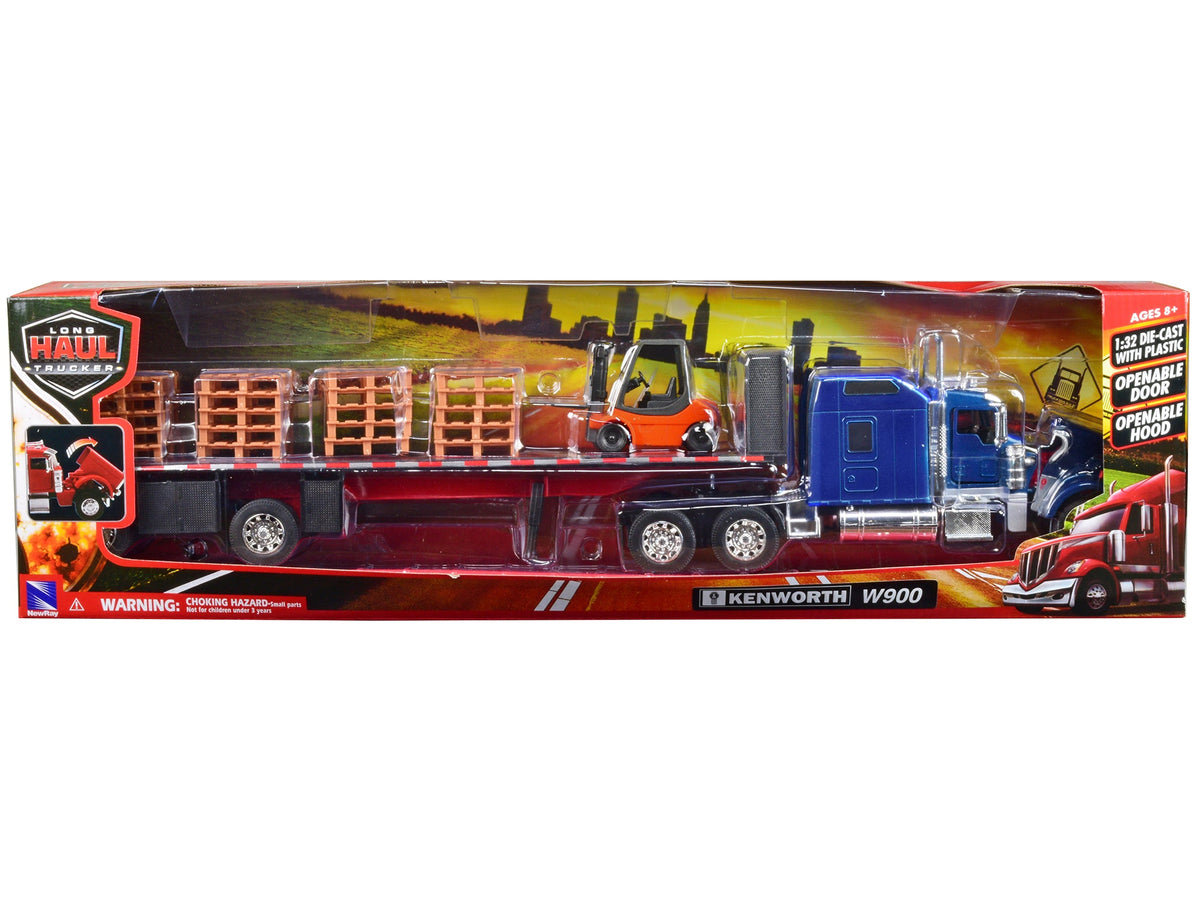 Kenworth W900 Truck with Flatbed Trailer Blue with Forklift and Pallets "Long Haul Truckers" Series 1/32 Diecast Model by New Ray-New Ray-ModelCars.com