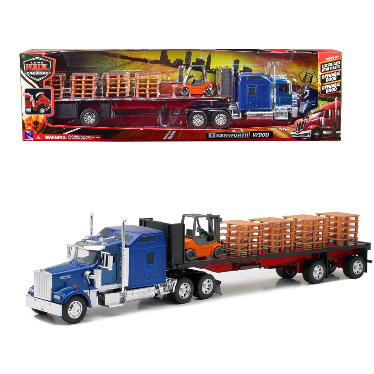 Kenworth W900 Truck with Flatbed Trailer Blue with Forklift and Pallets "Long Haul Truckers" Series 1/32 Diecast Model by New Ray-New Ray-ModelCars.com
