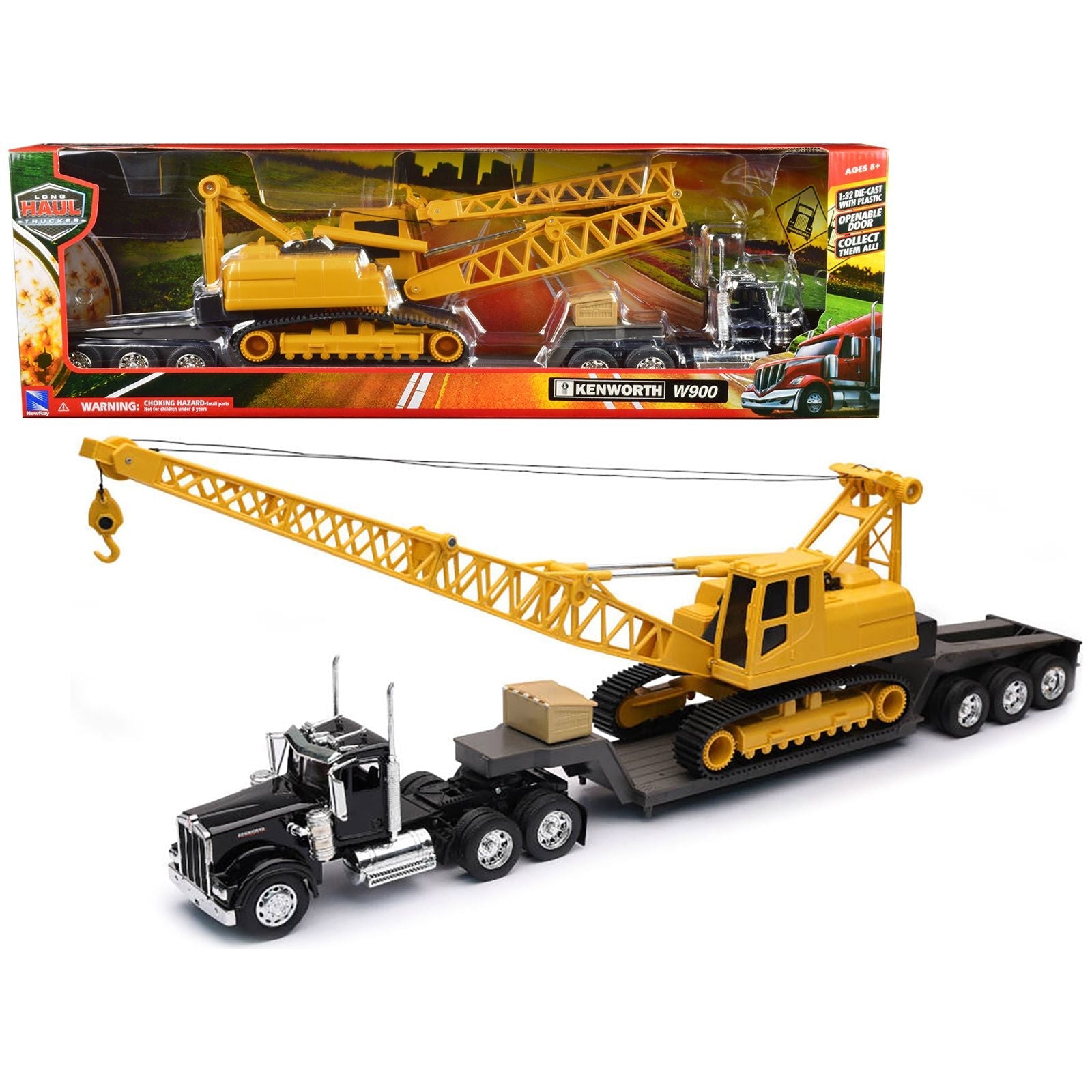 Kenworth W900 Truck with Lowboy Trailer Black and Crane Yellow "Long Haul Trucker" Series 1/32 Diecast Model by New Ray - New Ray - ModelCars.com