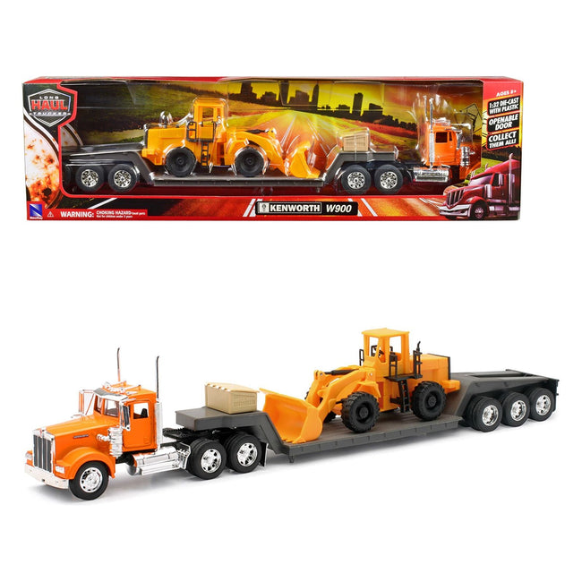 Kenworth W900 Truck with Lowboy Trailer Orange and Wheel Loader Yellow "Long Haul Trucker" Series 1/32 Diecast Model by New Ray - New Ray - ModelCars.com