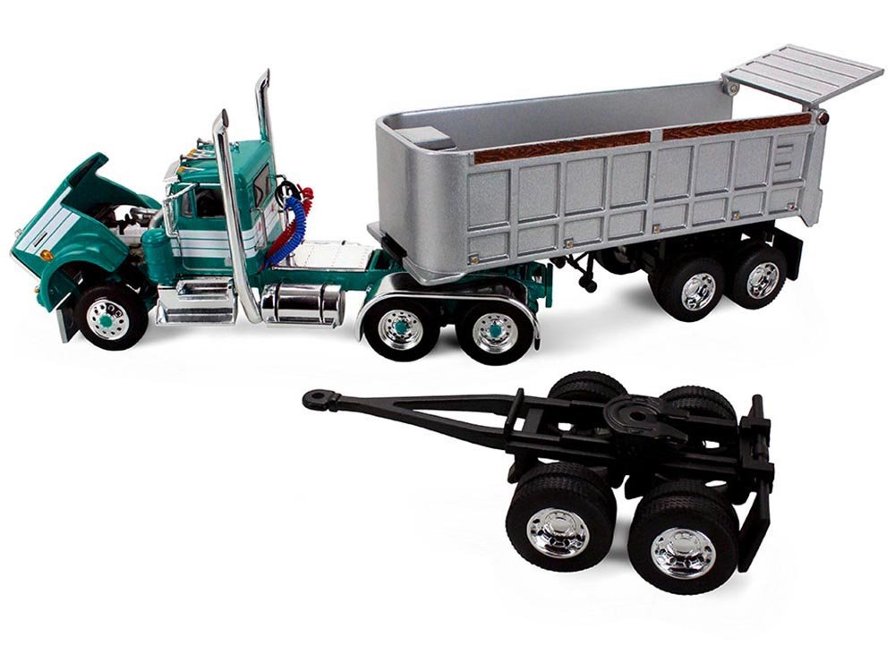 Kenworth W900A Day Cab with 22' Dual End Dump Trailers Turquoise with White Stripes 1/64 Diecast Model by DCP/First Gear-First Gear-ModelCars.com