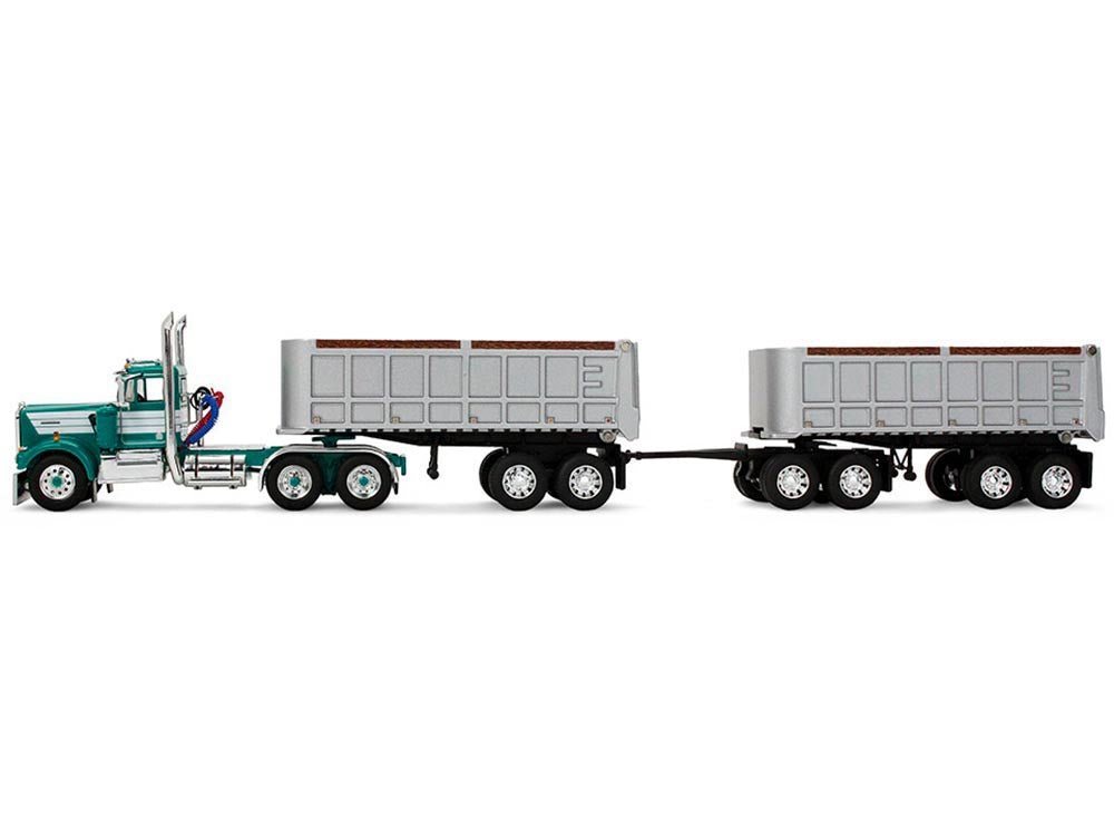 Kenworth W900A Day Cab with 22' Dual End Dump Trailers Turquoise with White Stripes 1/64 Diecast Model by DCP/First Gear-First Gear-ModelCars.com